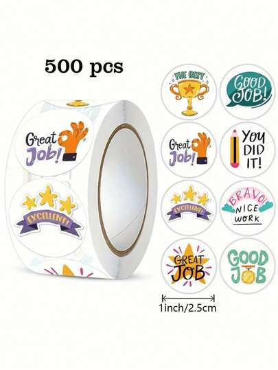 500pcs/Roll Cute Cartoon "Good Job", "You Did It" Encouragement Stickers, Suitable For Learning Rewards, Games, Gifts, Round Stamp Labels, Waterproof PVC Stickers,School Supplies,Back To School