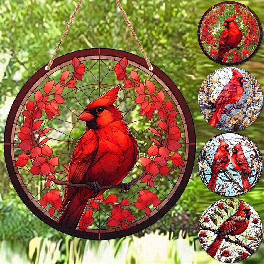 1pc, Cardinal Sunshade And Cranberry Stained Window Hanger - Acrylic Hanging Ornament For Home, Porch, And Wall Decor - Multicolor - View 1