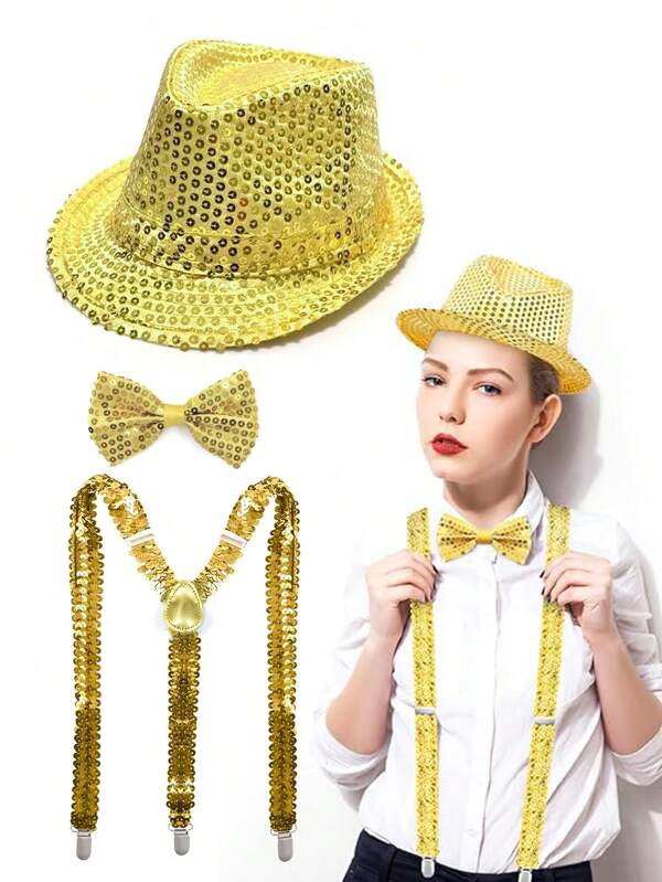 D EXCEED 2/3 PCS Disco Three Pieces Sequin Fedora Hat Sets.70s Retro Glitter Accessories With Sequin Fedora Hat Bowknot Suspenders.