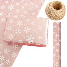 亮粉色雪花圣诞礼品包装纸，带有雪花和长颈鹿图案节日包装纸卷 - 节日礼品用纸，附带一卷 30 米麻绳 - 复古风格节日包装，适合所有盒子形状情人节 - 彩色 - 查看 13