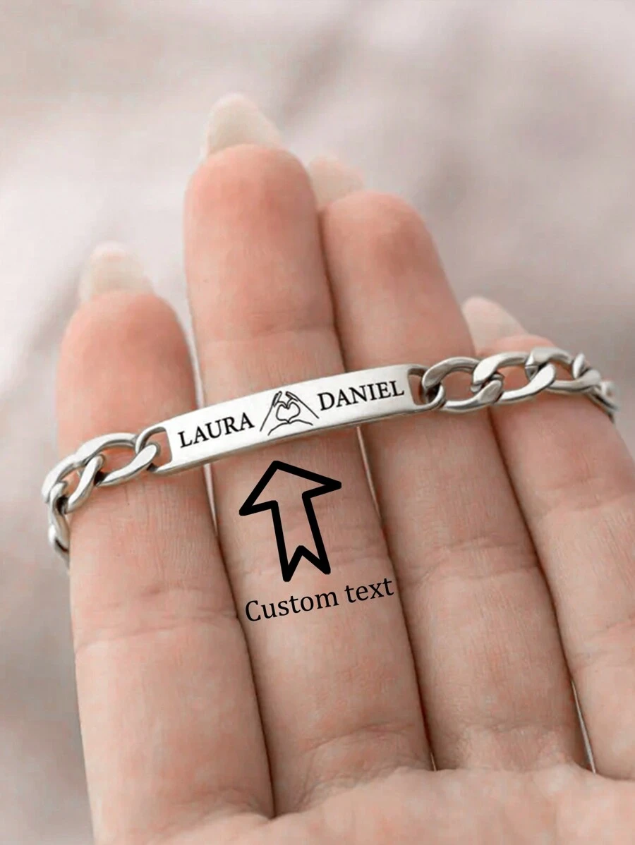 Customized Engraved Name Women's Bracelet Fashionable And Simple Personalized Charm Couple Bracelet Gold Stainless Steel Adjustable Men's Curved Bracelet Nameplate Jewelry Commemorative Gift For Boyfriend Christmas Gift For Men Valentine's Day Gift For Girlfriend Suitable For Daily Wear For Dad, Family, Friends, Son, Grandparents Anniversary, Valentine's Day, Birthday, Father's Day, Graduation, Wedding, Prom,Mother's Day Gift,Customized Fashion Engraved Bracelets,Vintage Outfit - Silver - View 1