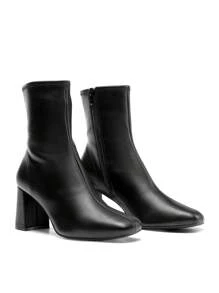 Women's Square Toe Ankle Boots With Side Zipper, Slim Plain Style, High Chunky Heel, Simple And Versatile Fashion For Party & Daily Wear - ĐEN/PU - Xem 7