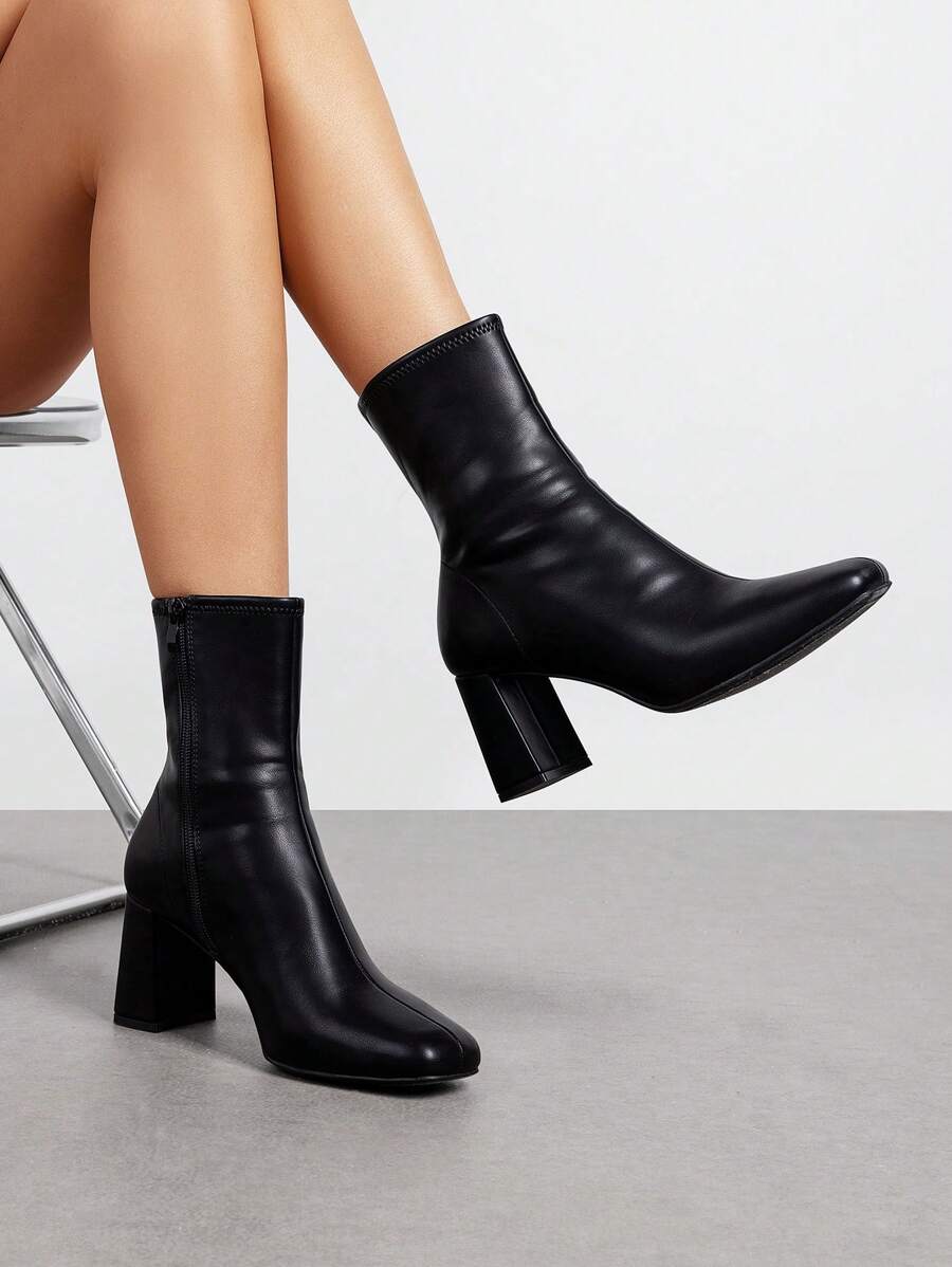 Women's Square Toe Ankle Boots With Side Zipper, Slim Plain Style, High Chunky Heel, Simple And Versatile Fashion For Party & Daily Wear - ĐEN/PU - Xem 1