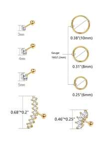 8 chiếc khuyên tai sụn tai hình hoa bằng thép không gỉ dành cho nữ, khuyên xỏ khuyên vành tai hình xoắn ốc bằng vàng 14K Zirconia, đinh tán hình quả tạ CZ - Vàng - Xem 3