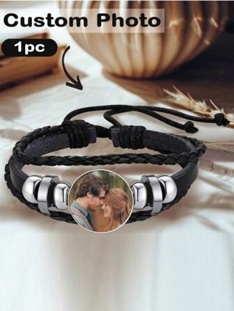 1 pulsera personalizada con foto, pulsera personalizada de cuero trenzado negro para niño, niña, pareja, ideas de regalo para el regreso a la escuela, el invierno, el Día de San Valentín, con letra, grabado, ornamental, exquisita, elegante, moderna, personalizada, única, personalizada, regalos para bebé, regalos ideales para él, regalos ideales para ella, hijo, hija, joyería de moda personalizada para adolescentes, ambiente cálido, comodidad fácil, regalo de cumpleaños