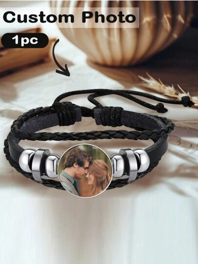 1pc Personalized Photo Bracelet, Customized Couples Bracelet, Personalized Genuine Leather Bracelet, Black Braided Genuine Leather Bracelet, Back To School/Winter Gift Idea, Valentine's Day Gift For Him/Her, Letter, Engraved, Decorated, Refined, Fashionable, Modern, Customized, Personalized, Unique, Baby Gift, Ideal Gift For Him, Ideal Gift For Her, Son, Daughter, Customized Jewelry For Teens, Cozy Atmosphere, Comfortable To Wear, Birthday Gift