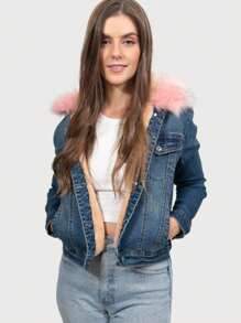 Denim Jacket With Detachable Plush, Plush Inside. - Medium Wash - View 2