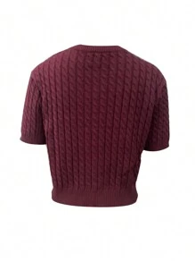 Women's Cable Knit Cardigan Solid Color Round Neck Short Sleeve Button-Front Closure Crop Sweaters - Burdeos - Ver 3