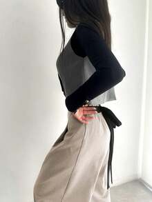 Pantalones de pierna ancha de diseño de moda, pantalones elegantes y entallados de color liso para ir y venir - Albaricoque - Ver 5