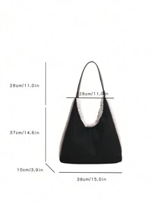 2024秋冬新款仿麂皮单肩大手提包，休闲时尚撞色毛绒包，简约百搭大容量托特包适合日常使用，学院风 - 黑與白 - 查看 8