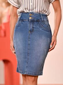 Kit 2 Women's Evangelical Anagrom Jean Skirts With Double Button Waistband