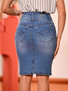 Kit 2 Women's Evangelical Anagrom Jean Skirts With Double Button Waistband