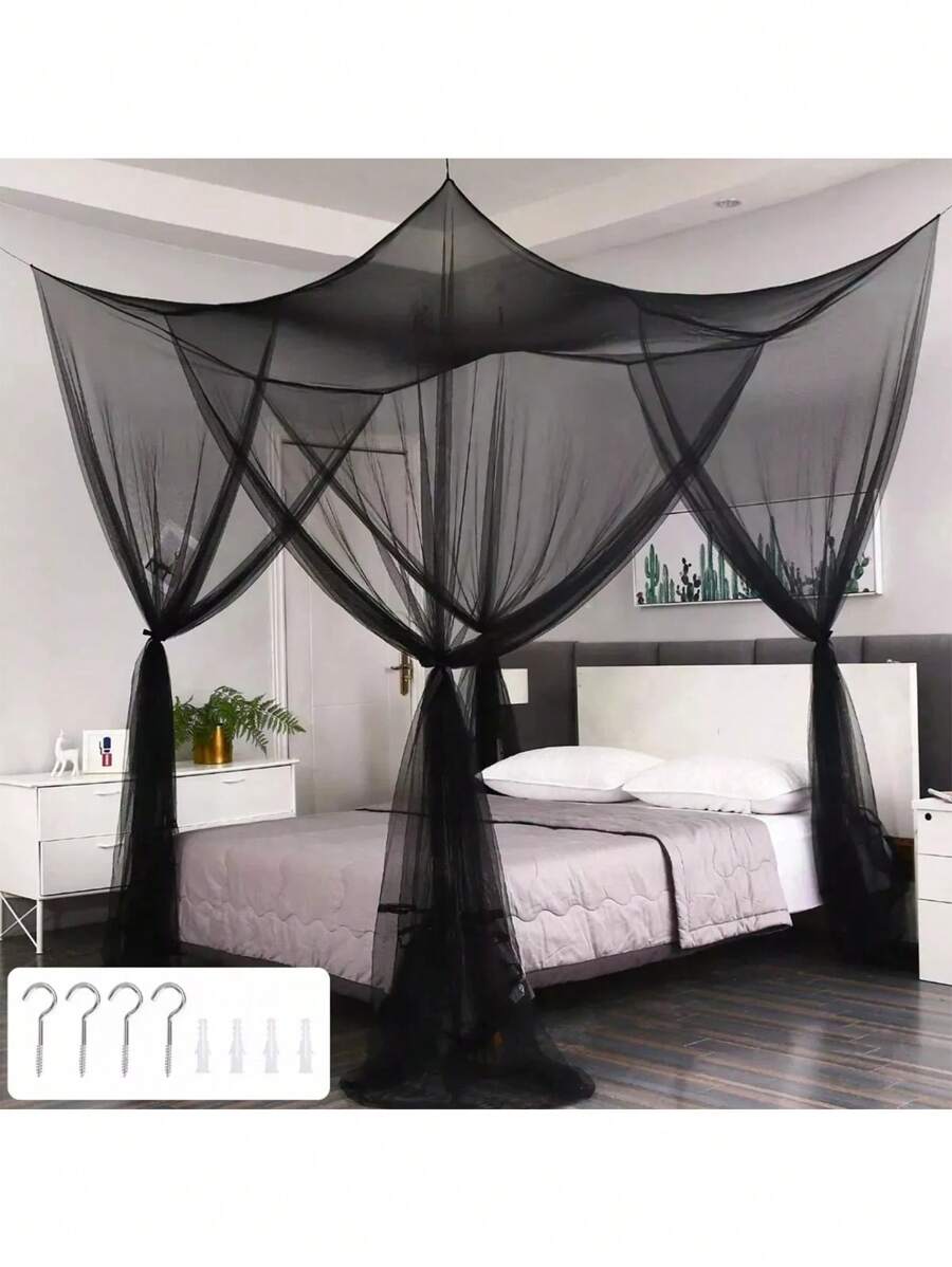 Cortinas De Cama Pabellón Colchas Tamaño King Mosquitero Colcha Tamaño King Dosel De Cama con 4 Postes De Esquina Mosquitera para Cama Dosel De Cama King Size Largo Cortina De Cama - Negro - Ver 1