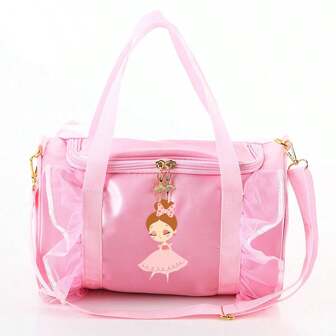 1 件，时尚舞蹈包，轻质芭蕾手提包，卡通图案和蕾丝细节单肩包，翻盖涤纶衬里和拉链口袋，适合年轻芭蕾舞者日常使用学校书包