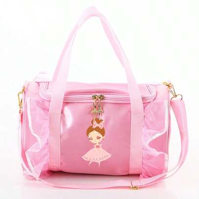 1 Pc, Fashion Dance Bag, Lightweight Ballet Handbag, Cartoon Pattern And Lace Detail Shoulder Bag, Flip Polyester Lining And Zipper Pocket, Suitable For Daily Use By Young Ballet Dancers School Bag