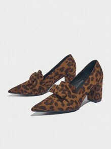 Nieuwe aankomst damesmode sexy diepe mond luipaard print patroon veelzijdige dikke hak loafer schoenen, herfst/winter