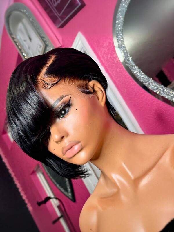 Pixie Cut Wig Lace Frontal Short Wigs para mulheres Cabelo humano Lace Frontal Pixie Cut Wig Human Hair Wigs para mulheres 13x4x1 T Part Lace Frontal Wig Glueless Wigs para o dia dos namorados, uso diário Short Lace Wig para mulheres Cabelo humano brasileiro Cor preta Peruca curta Perucas com franja lateral