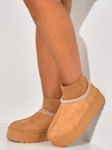 Women's Casual Versatile Knit Patchwork Snow Boots, Winter - Camel - View 9