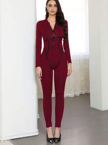 长袖拉链性感紧身连体裤女式连体衣返校秋季女装圣诞节 - 酒紅色 - 查看 3