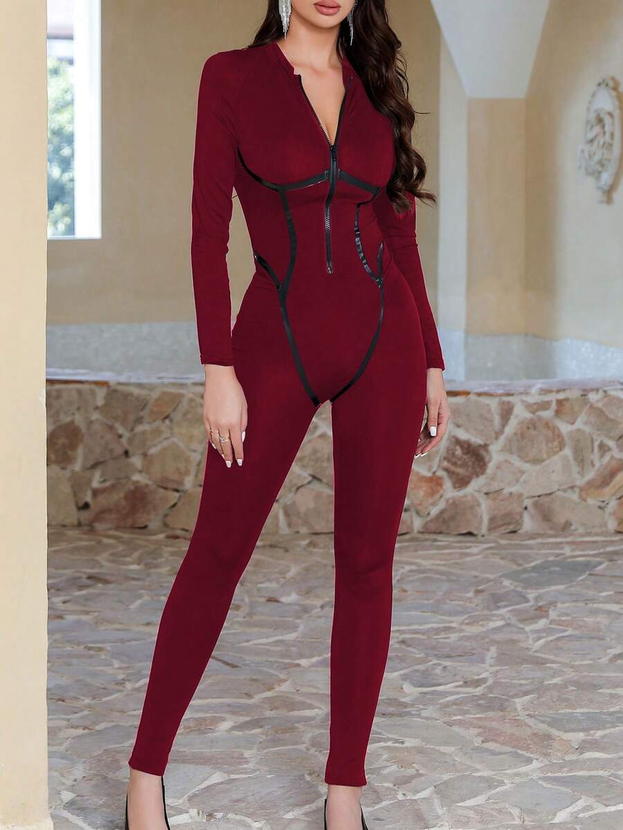 长袖拉链性感紧身连体裤女式连体衣返校秋季女装圣诞节 - 酒紅色 - 查看 1