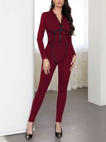 长袖拉链性感紧身连体裤女式连体衣返校秋季女装圣诞节 - 酒紅色 - 查看 2