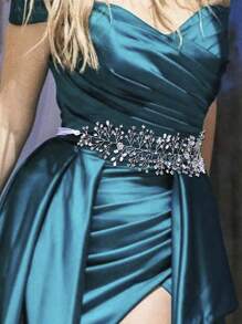 1pc Wide Edge Elegant Bridal Pearl & Crystal Rhinestone Handmade Waist Belt, For Wedding Party Ball Gowns