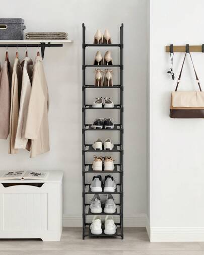 SONGMICS Schuhregal,10 Ebenen, Schuhablage, Schuhaufbewahrung, schmal, 33 x 33 x 173 cm, Metallgestell, Ablagen aus Vliesstoff, für Flur, Schlafzimmer, schwarz