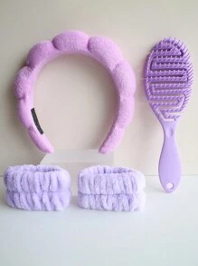 4 件云形头带套装包括：1 件云头带、2 件腕带、1 件按摩刷 - 女士弹性发饰、吸水面料、柔软衬垫、高弹性腕带 - 适用于洗脸、淋浴、化妆、卸妆 - 彩色 - 查看 7