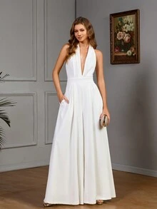 Mono de fiesta para mujer de pierna ancha con cuello de halter y espalda abierta