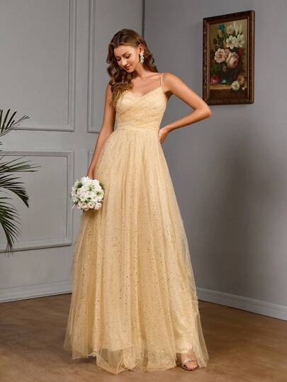 Women's Sequin Mesh Glamorous Spaghetti Strap Ball Gown Dress, Wedding Guest Dress, Party Dress, Prom Dress