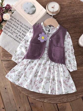 2 件套女婴花卉印花长袖连衣裙和纯色花卉背心套装