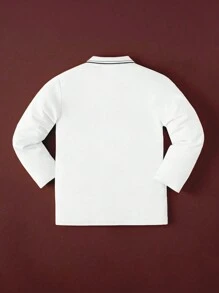 年轻男孩经典学院风骑士刺绣白色长袖 Polo 衫，适合日常穿着、旅行、聚会、户外活动 - 白色 - 查看 2