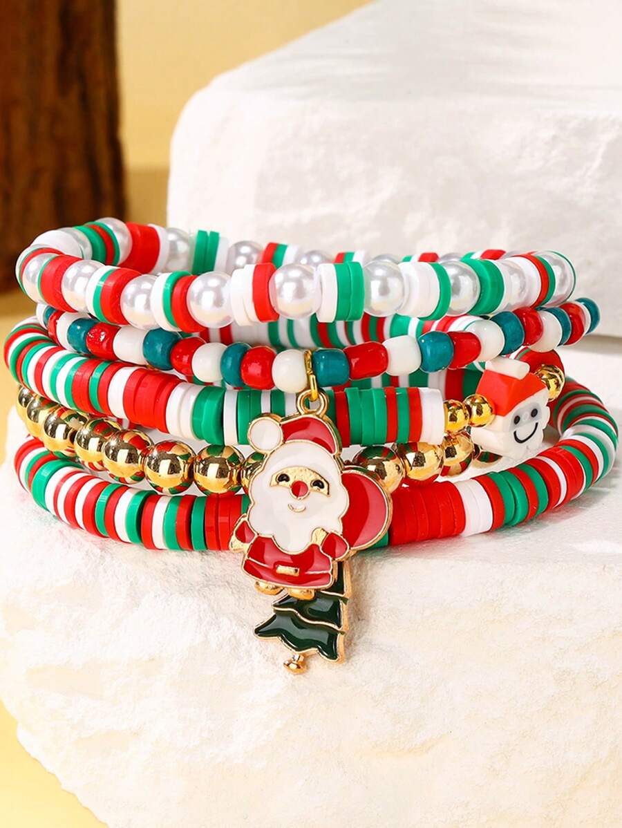 Bộ 5 chiếc/bộ vòng tay Giáng sinh cho bé gái, vòng tay bằng gốm mềm màu đỏ, xanh lá, trắng và hạt ngọc trai có hình ông già Noel, mặt dây chuyền cây thông Noel, vòng tay Giáng sinh đàn hồi đa năng bằng hạt, quà tặng Giáng sinh - Một cỡ - Xem 1