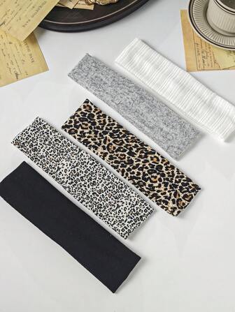 5pcs Versatile Satin Leopard Print Headbands, Women Everyday Hair Accessories Turban Headband Sweatband, Hairband Fall Winter Hair Band For Vacation Outfits Woman Elegant Scarf Women Bandanas Soft Headwrap