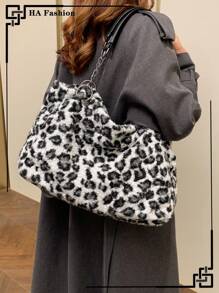 Bolsa tote peluda com estampa de leopardo, grande capacidade, estilo clássico, bolsa de ombro fashion, para deslocamento e uso diário