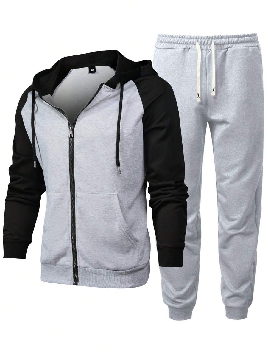 Men 2pcs Set New Contrast Color Raglan Sleeve Hooded Sweatshirt & Elastic Waist Drawstring Pocket Casual Outdoor Sports Travel Pants, 2 Pieces, Fall Clothes - Grey - View 1