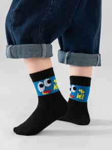 10 Pairs Kids Boys/Girls Spring Autumn Casual Black/Colorful "BEST" Letter, Cute Eyes, Expressions Patterned Thin Socks, Fashion Mid-Length Crew Socks For Children - Multicolor - View 7
