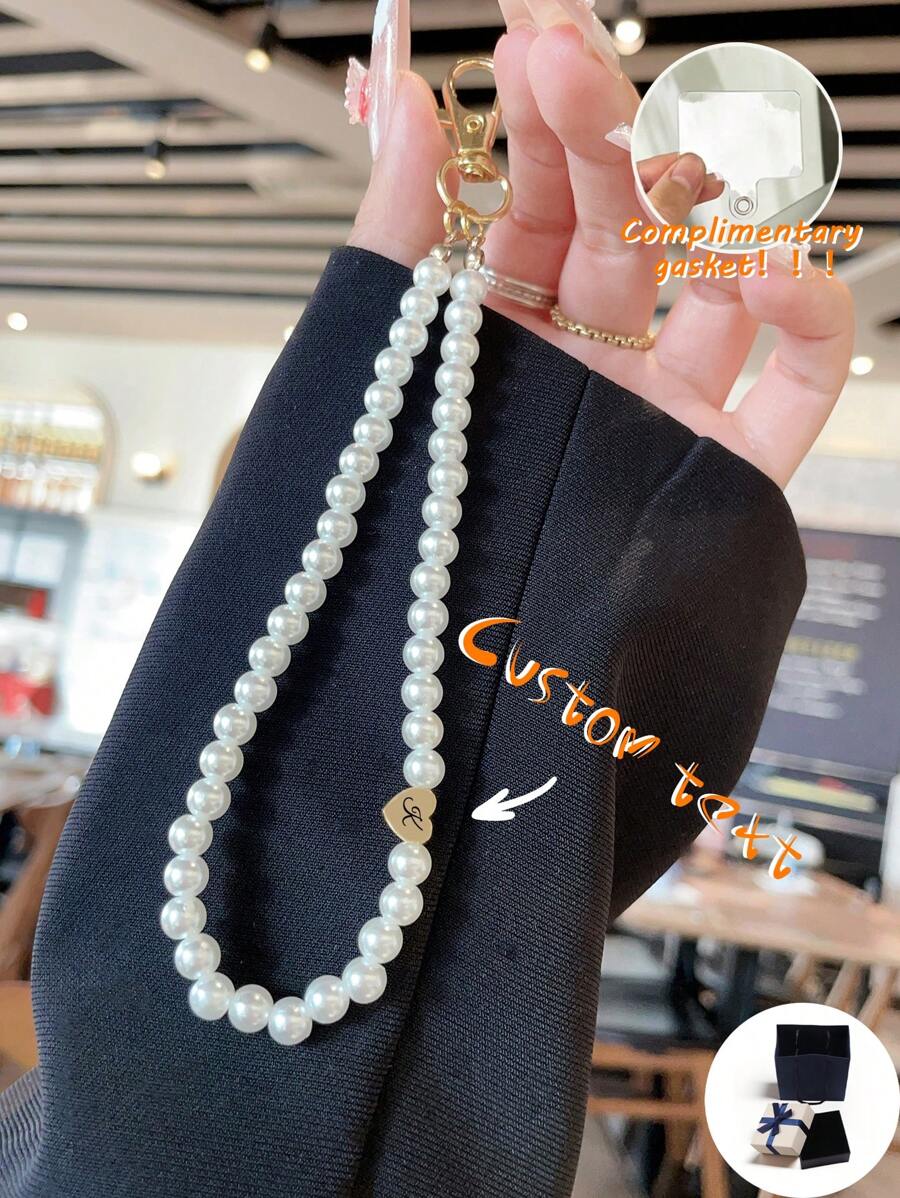 Customized Phone Chain, Elegant Faux Pearl Heart Pendant Phone Chain (With Phone Lanyard Pad), Customizable Name, Slogan, Date, Suitable For Birthday, Anniversary, Gift