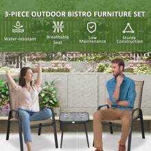 Outsunny 3 Pieces Outdoor Bistro Set, Patio Stackable Armchairs With Breathable Mesh Fabric And SPC Board Coffee Table - Brown - View 3