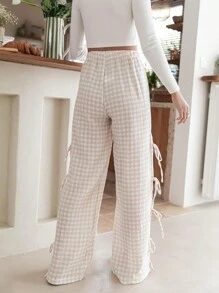 Women Y2k Tie Up Gingham Pants High Rise Elastic Waist Wide Leg Loose Lounge Bottom Pants - Khaki - View 6
