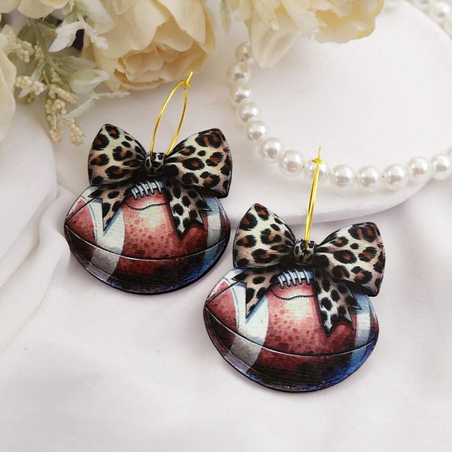 Hoa tai hình quả bóng gỗ hình nơ báo - Đen và trắng - Xem 1