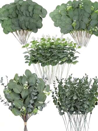 30/60 st 4 sorters konstgjorda blandade eukalyptusblad stjälkar konstgjorda silverdollar-eukalyptusblad konstgjorda gröna spray konstgjorda växter för bröllopsbukett mittpunktsdekorationer blomsterarrangemang dekor