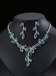 1 套 3 件时尚铜首饰套装 - 项链、耳环配锆石，适合婚纱、晚会、女士节日装 - 樹葉 - 查看 17