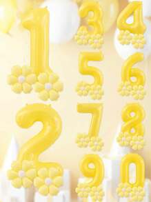 3 pièces Set de ballons chiffres de 40 pouces, jaune, bleu, crème, crème violet, vert olive, ballons vintage couleur caramel aux fleurs de marguerite, convient pour la décoration de fête d'anniversaire - Multicolore - Voir 3