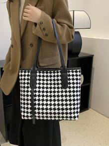 Túi Tote Kẻ Sọc Đen Trắng Thời Trang, Túi Đeo Vai Sức Chứa Lớn Dành Cho Nữ, Đa Năng Cho Hoạt Động Ngoài Trời, Đi Làm, Đi Học, Sử Dụng Hàng Ngày Thường Ngày - màu đen - Xem 3