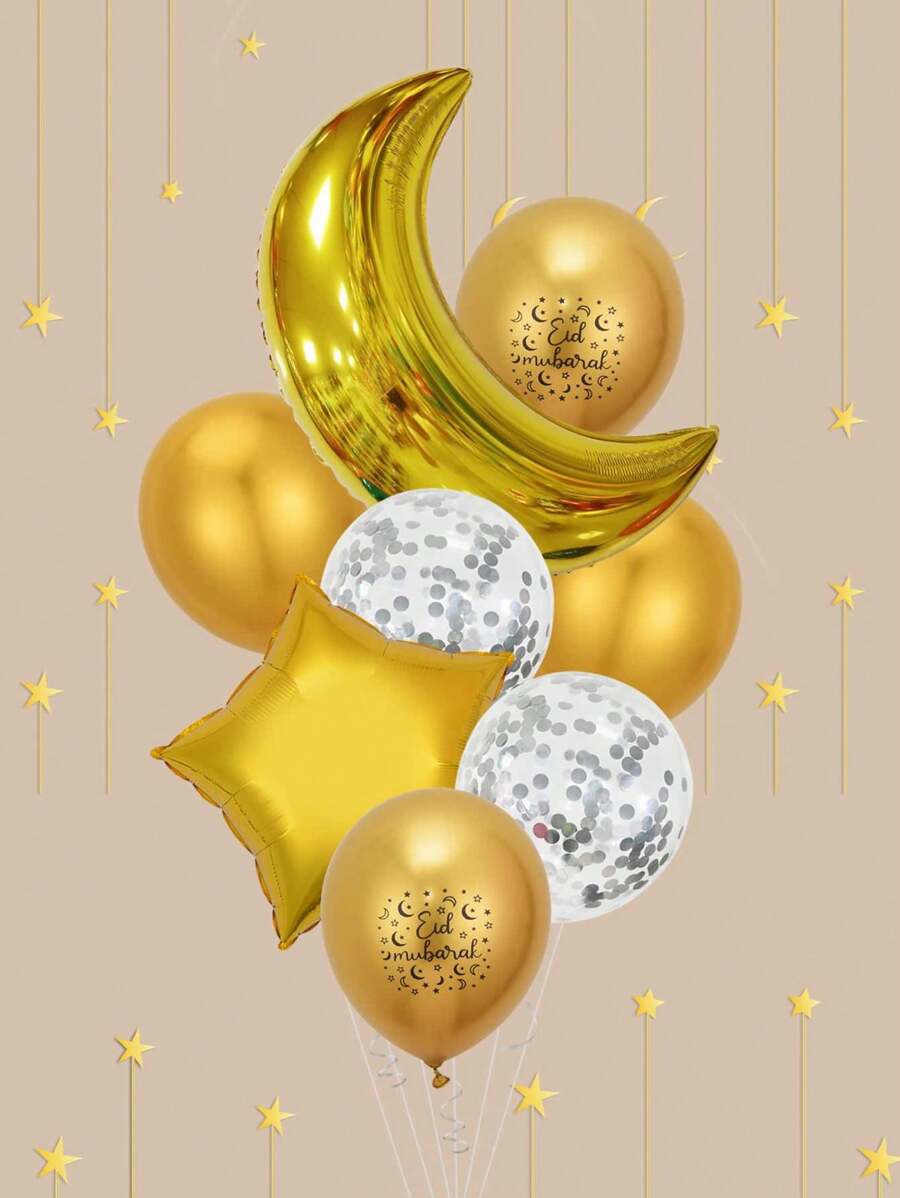 H.L.BALLOON 8pcs Eid Mubarak Balloon Decor Set, Minimalist & Versatile - Gold - View 1