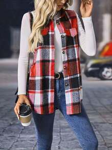 Plus Size Plaid Print Flap Detail Sleeveless Coat Women