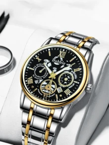 ساعة يد ذات علامة تجارية ماركة فقاعة ذات تصميم عصري وفاخر ذات إضاءة خفيفة ومتعددة الاستخدامات، ساعة رجالية تعمل بالكوارتز، مؤشرات رومانية مضيئة وحزام فارغ