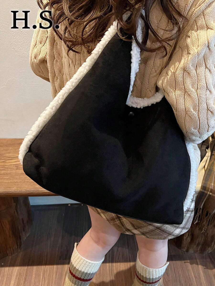 2024秋冬新款仿麂皮单肩大手提包，休闲时尚撞色毛绒包，简约百搭大容量托特包适合日常使用，学院风 - 黑與白 - 查看 1