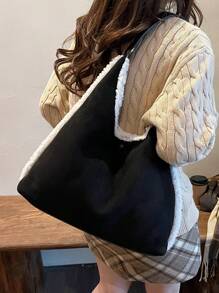2024秋冬新款仿麂皮单肩大手提包，休闲时尚撞色毛绒包，简约百搭大容量托特包适合日常使用，学院风 - 黑與白 - 查看 4